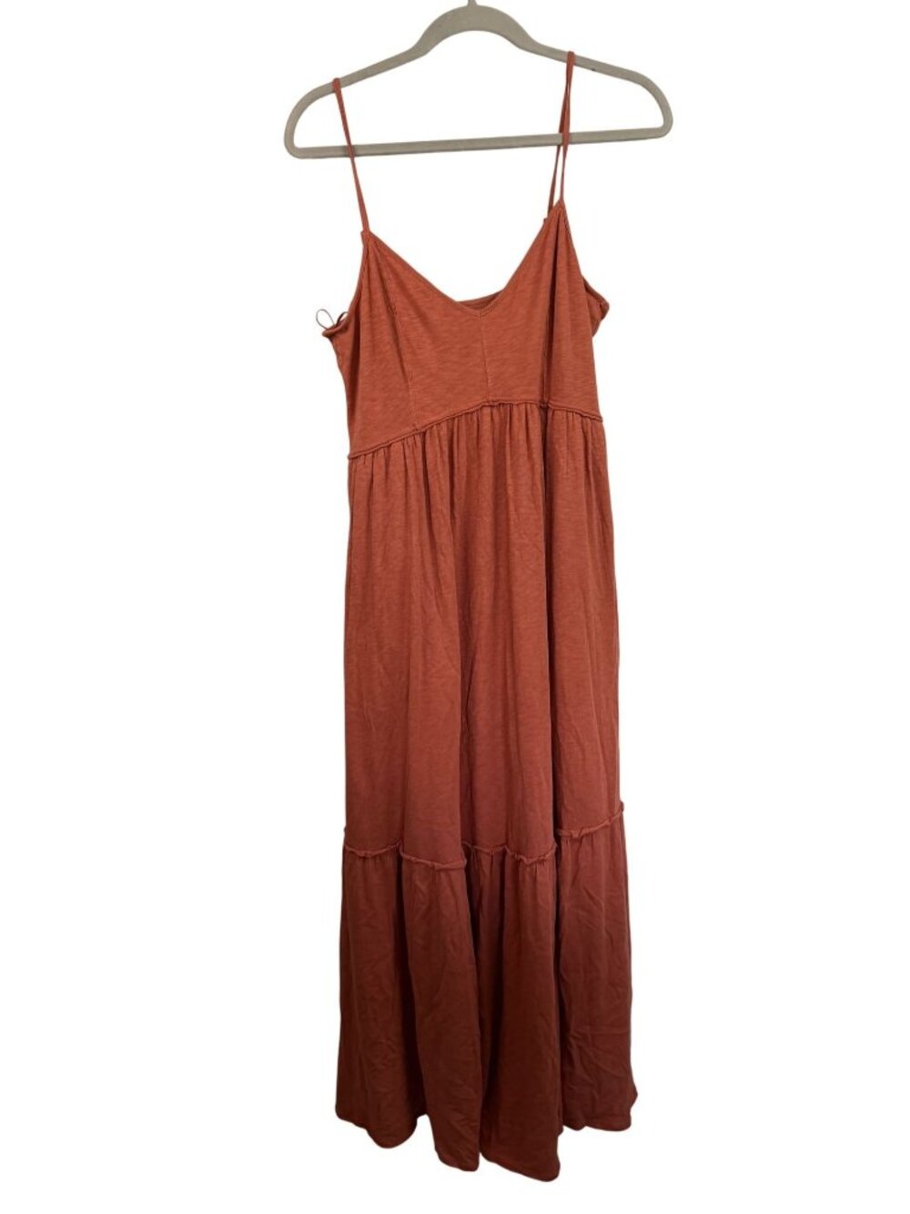 American Eagle Rust Orange Maxi Dress With Adjustable Spaghetti Straps & Tiered
